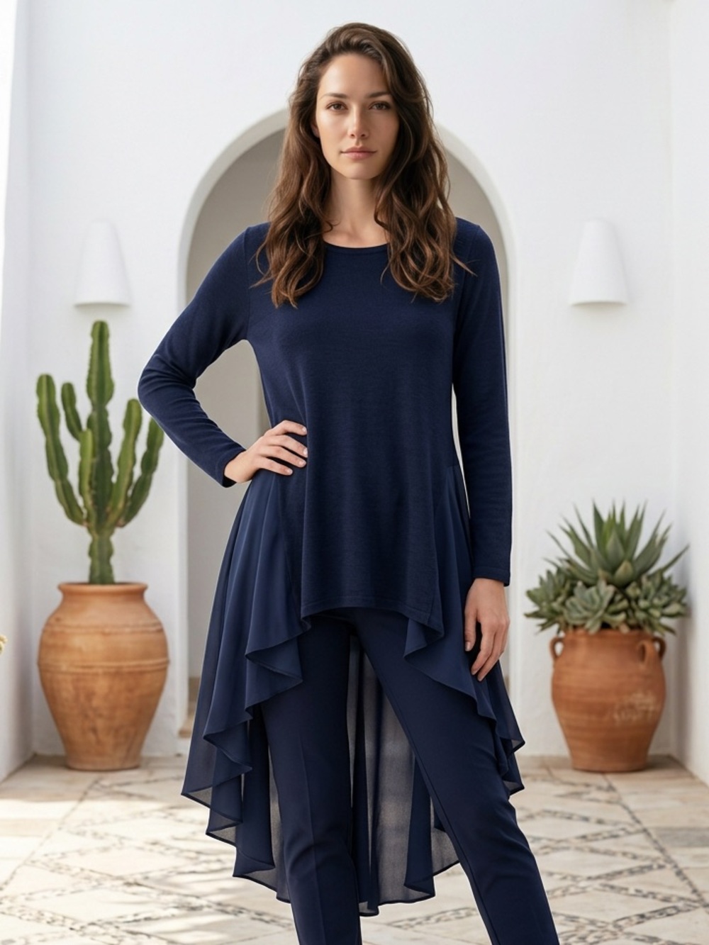 DG2 Women's XL Navy Solid A-Line Midi Dress Round Neck Asymmetric Layered